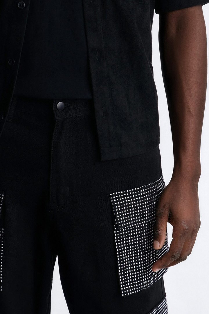 Baggy Rhinestone Combat Cargo Jean - Black Wash