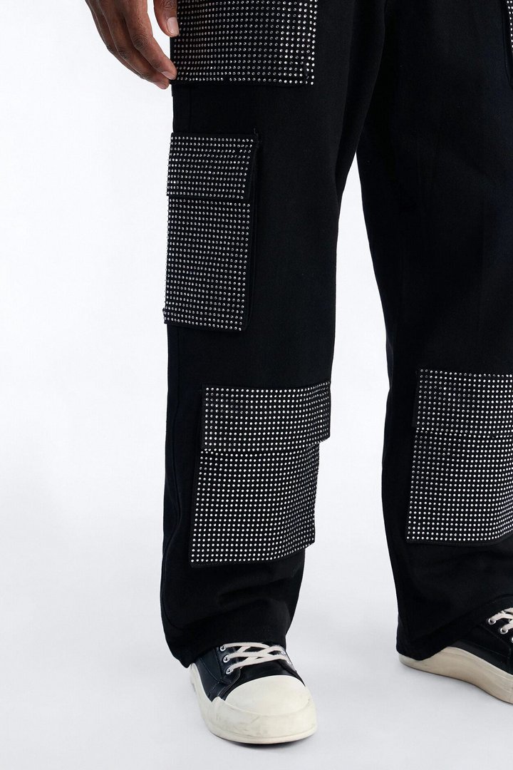 Baggy Rhinestone Combat Cargo Jean - Black Wash