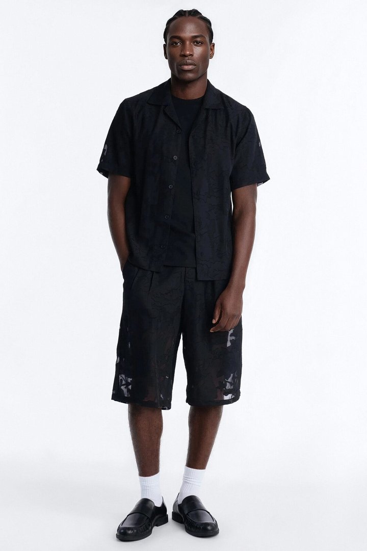 Duskforged Desert Rose Cuban Collar Button Up Shirt - Black