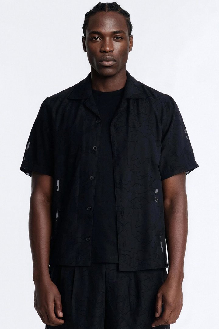 Duskforged Desert Rose Cuban Collar Button Up Shirt - Black