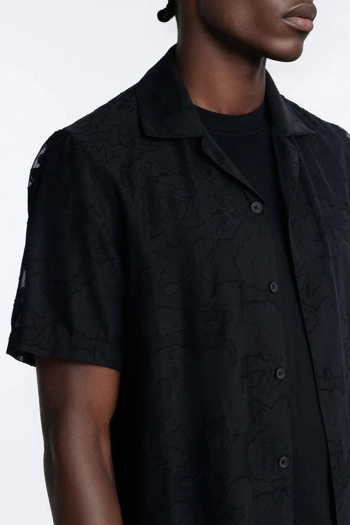Duskforged Desert Rose Cuban Collar Button Up Shirt - Black