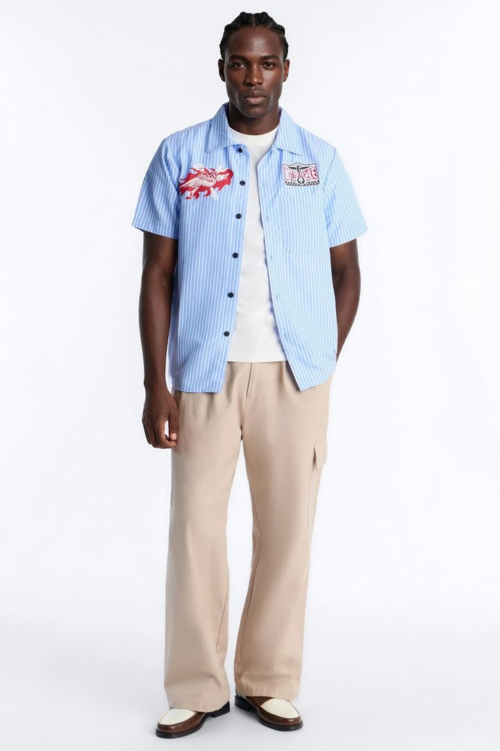 Cropped No Questions Asked Striped Button Up Shirt - Blue