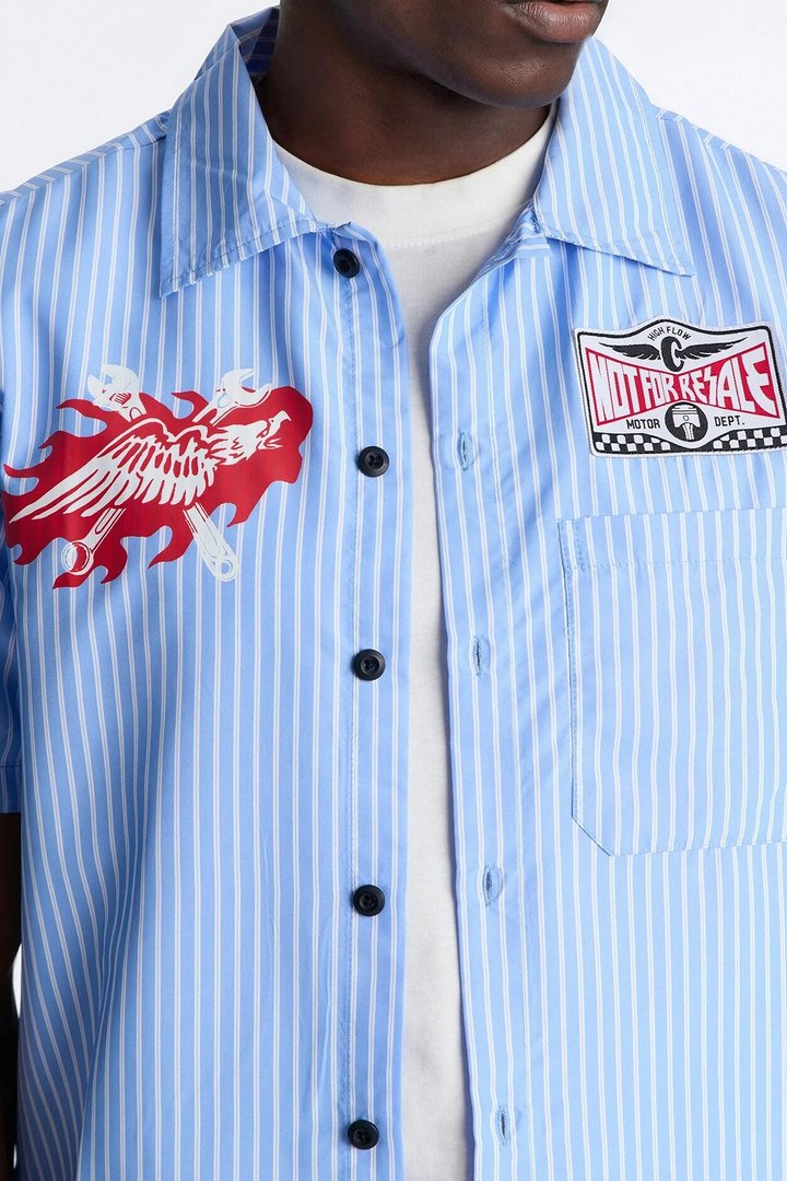 Cropped No Questions Asked Striped Button Up Shirt - Blue