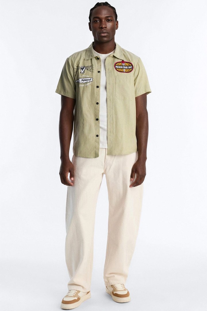 Cropped Overdrive Mode Striped Button Up Shirt - Sage