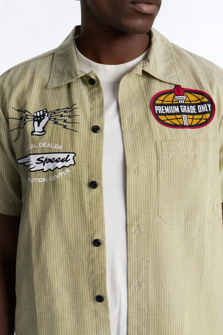 Cropped Overdrive Mode Striped Button Up Shirt - Sage