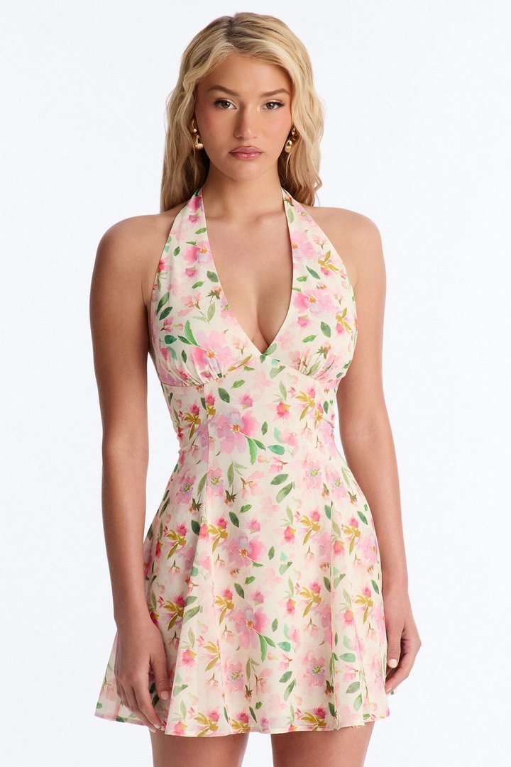 Christie Floral Halter Mini Dress - Pink/combo