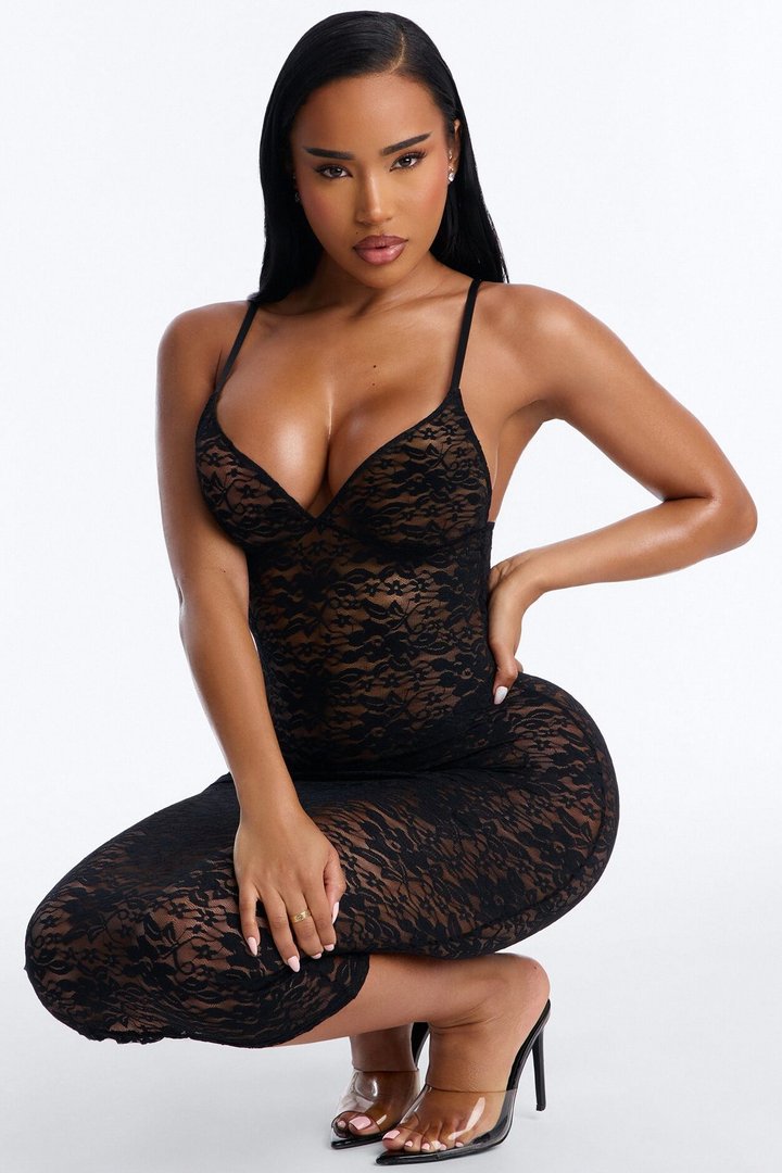 Dine And Lace Midi Babydoll - Black