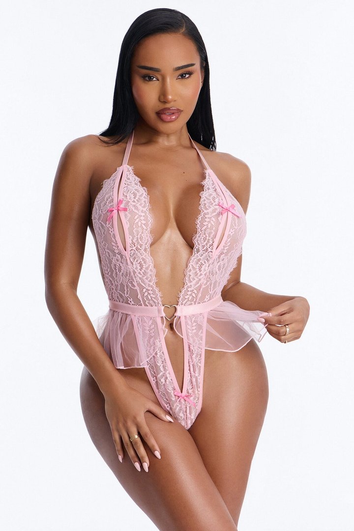 Luna Crotchless Lace Ruffle Hardware Teddy - Pink