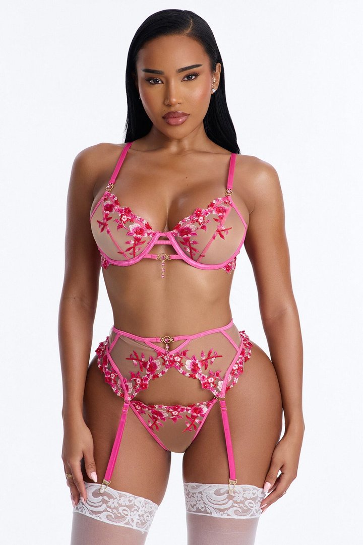 Amara Mesh Embroidered 3 Piece Bra And Panty Garter Set - Fuchsia
