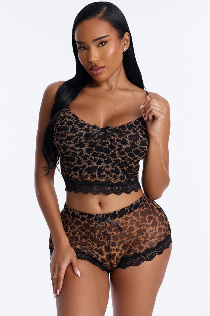 Moonlight Kiss Sheer Cami Boyshort 2 Piece Set - Brown/combo