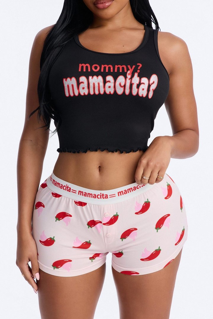 Mamacita Top And Short PJ Set - Black/Pink