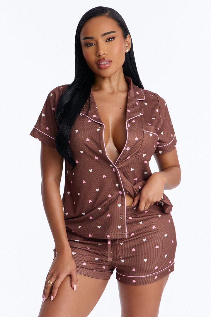 Pieces Of My Heart PJ Short Set - Brown/combo