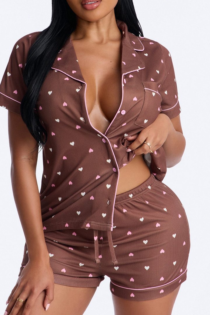 Pieces Of My Heart PJ Short Set - Brown/combo