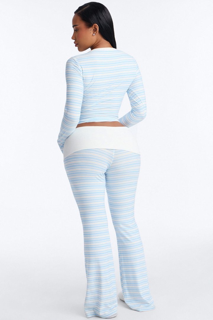 Taking A Nap Long Sleeve Foldover Flare Leg PJ Pant Set - Light Blue