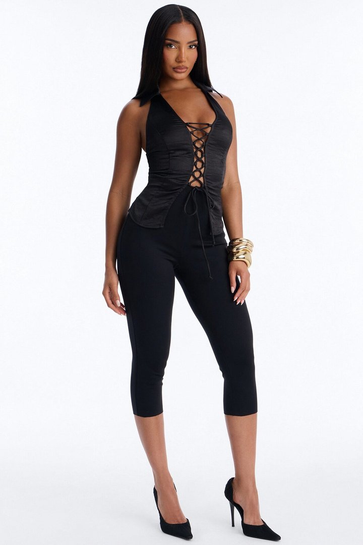 Simply That Girl Lace Up Satin Halter Top - Black
