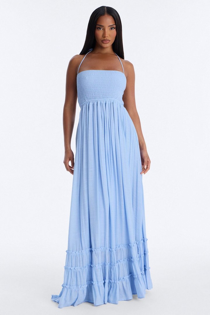 Eden Smocked Linen Maxi Dress - Light Blue