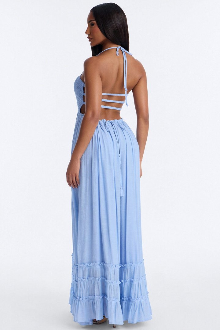 Eden Smocked Linen Maxi Dress - Light Blue