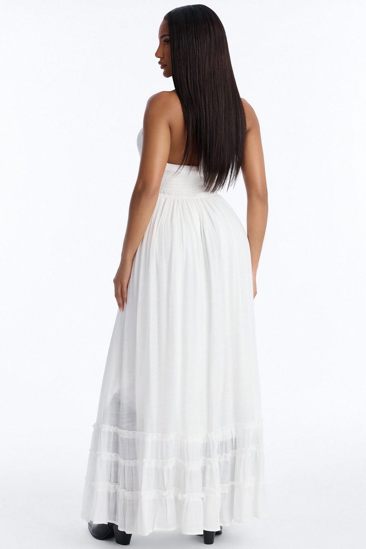 Freya Smocked Linen Maxi Dress - White