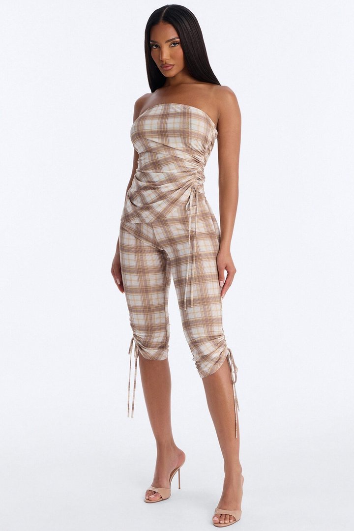 Preppy Plaid Cutie Mesh Capri Set - Taupe/combo