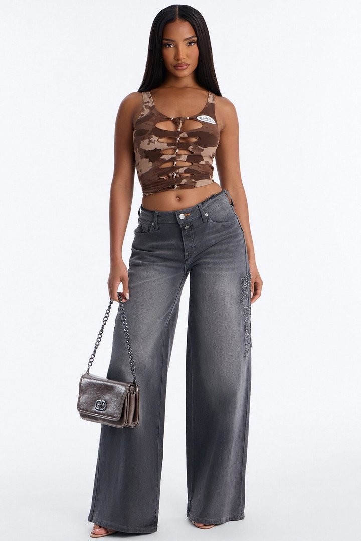 Von Dutch Cut Off Wide Leg Jeans - Grey