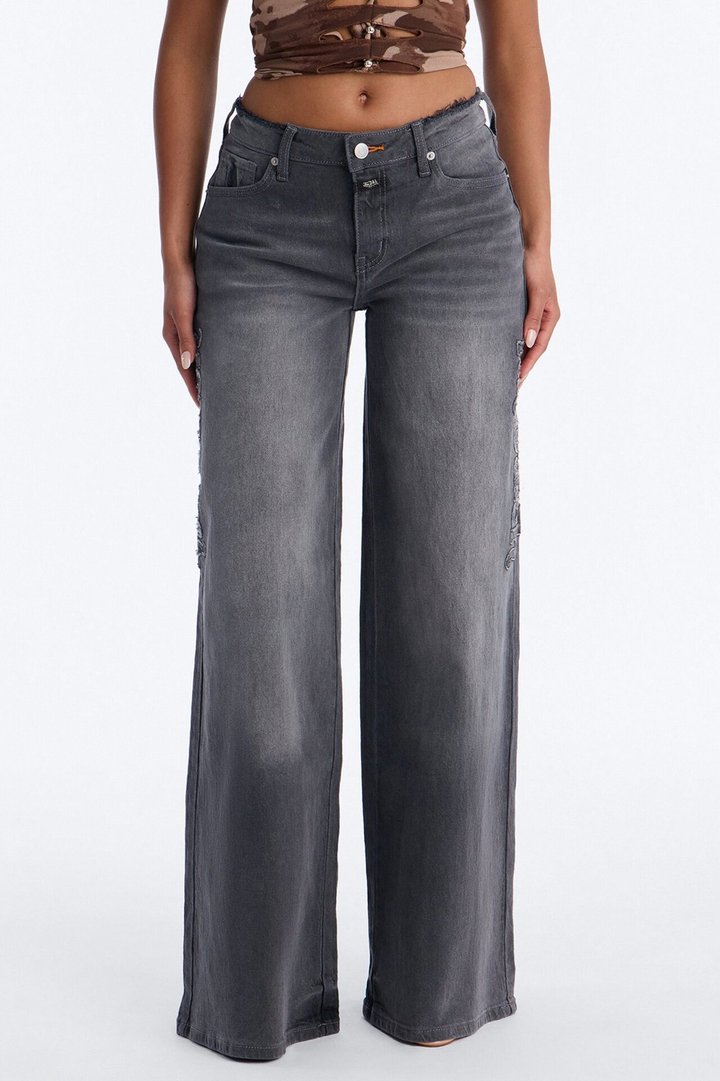 Von Dutch Cut Off Wide Leg Jeans - Grey