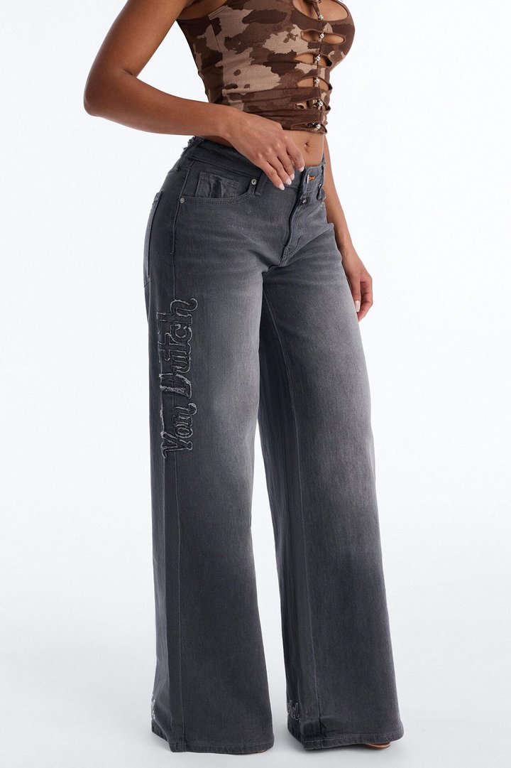 Von Dutch Cut Off Wide Leg Jeans - Grey