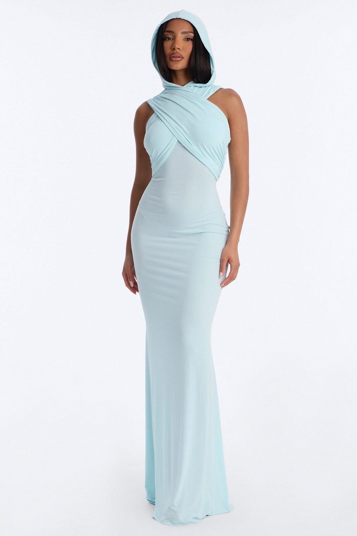 Delara Hooded Maxi Dress - Light Blue