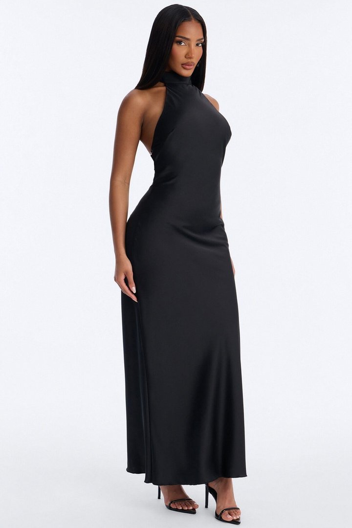 Sloane Satin Midi Dress - Black
