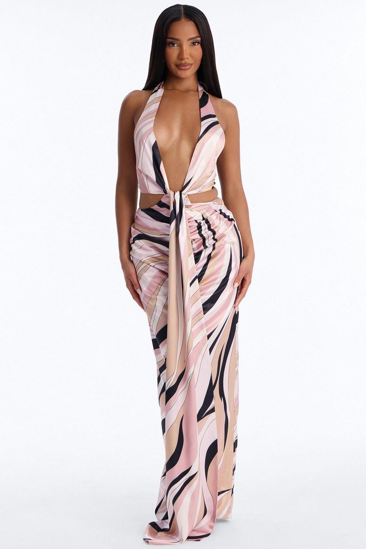 Untamed Abstract Satin Maxi Dress - Pink/combo