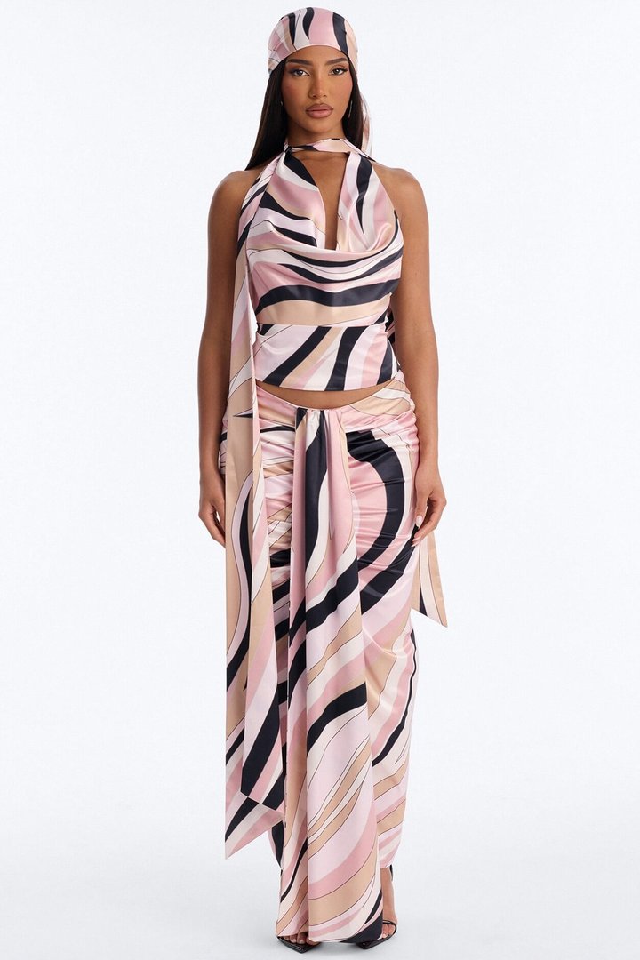 Untamed Abstract Satin Cowl Top And Head Scarf - Pink/combo