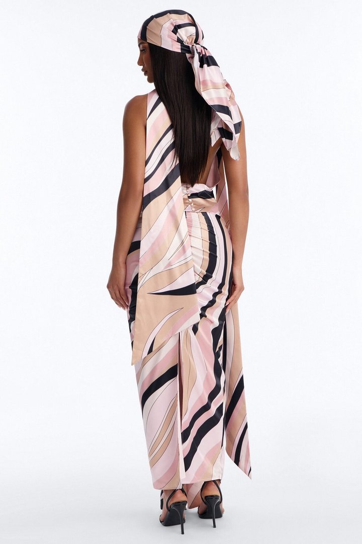 Untamed Abstract Satin Cowl Top And Head Scarf - Pink/combo