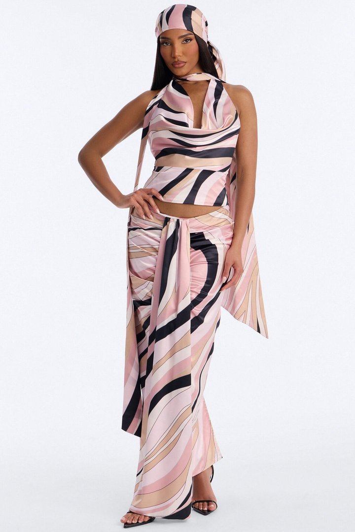 Untamed Abstract Satin Midi Skirt - Pink/combo