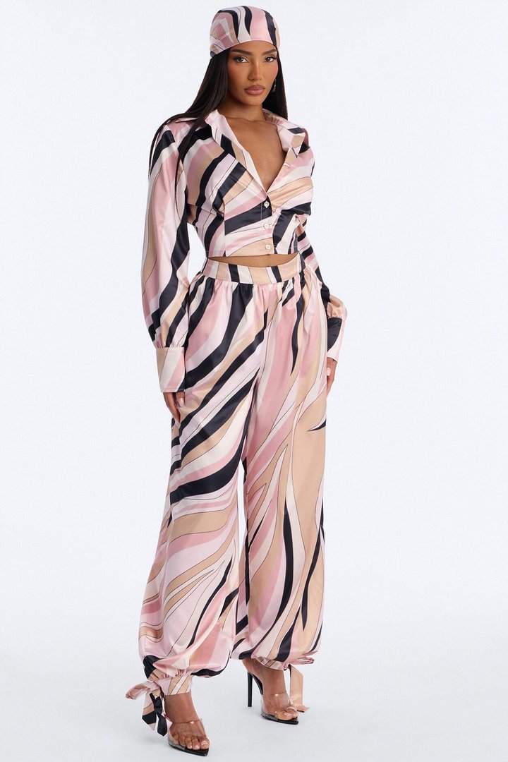 Untamed Abstract Satin Pant Set And Head Scarf - Pink/combo