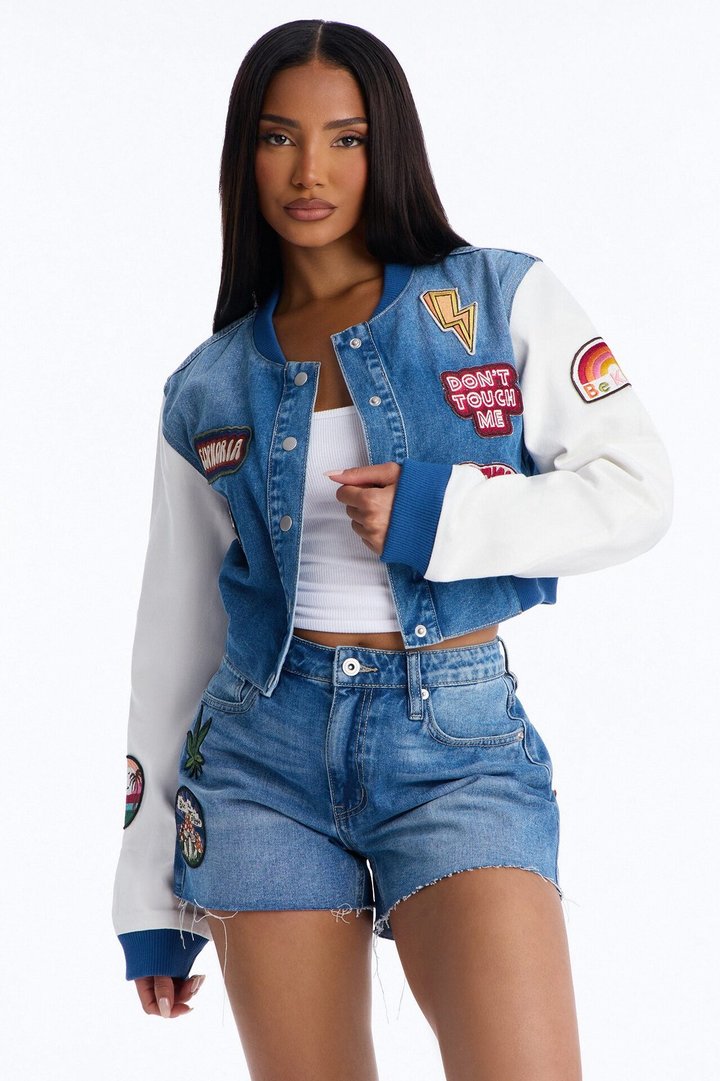 Golden State Cutie Patch Denim Bomber Jacket - Medium Wash