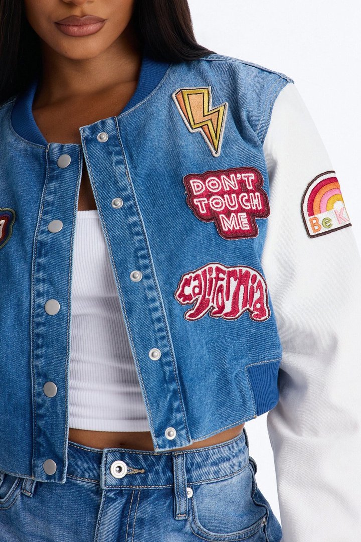 Golden State Cutie Patch Denim Bomber Jacket - Medium Wash