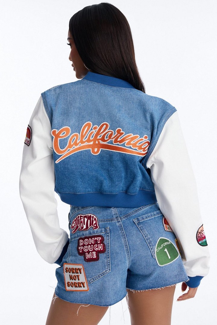 Golden State Cutie Patch Denim Bomber Jacket - Medium Wash