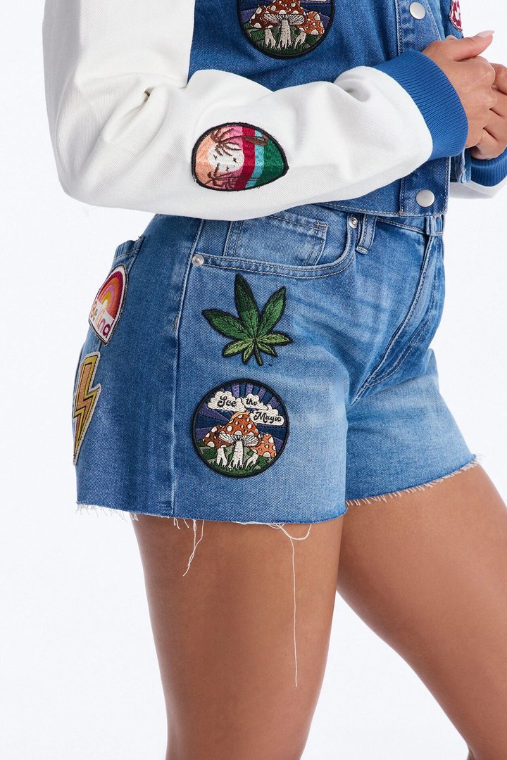 Golden State Cutie Patch Cut Off Denim Shorts - Medium Wash