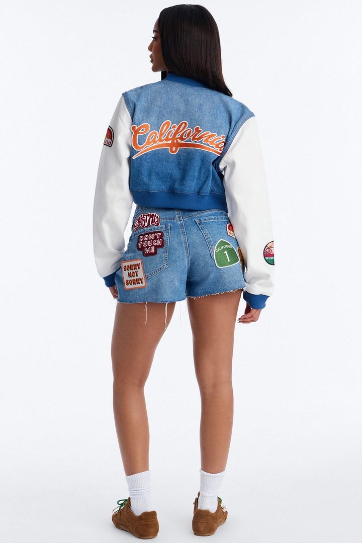 Golden State Cutie Patch Cut Off Denim Shorts - Medium Wash