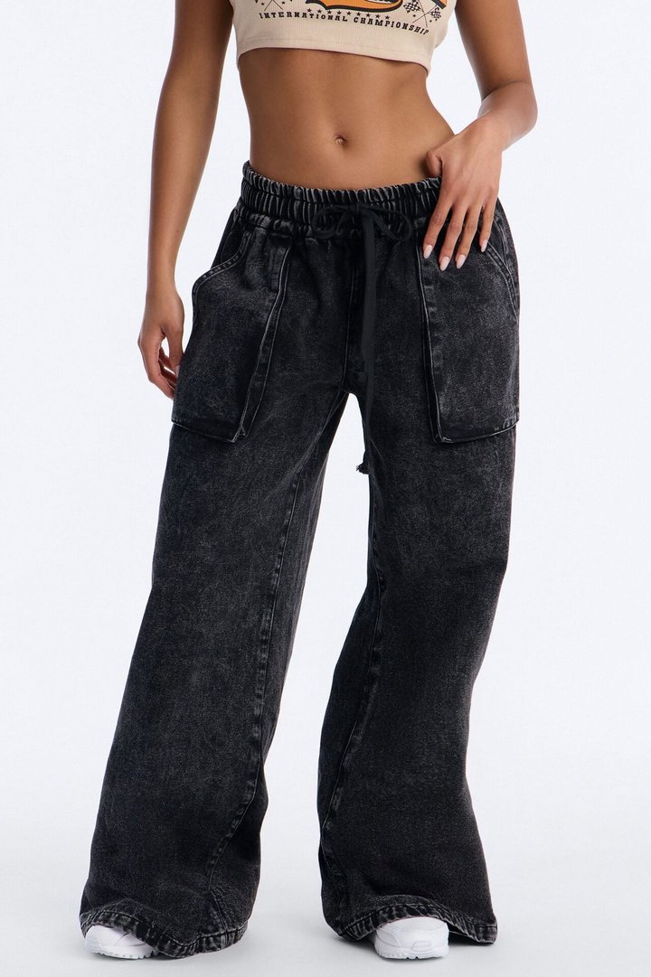 Do Not Disturb Pull On Wide Leg Jeans - Black Wash