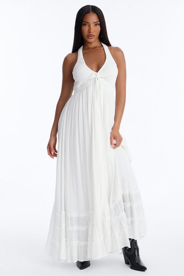 Freya Smocked Linen Maxi Dress - White