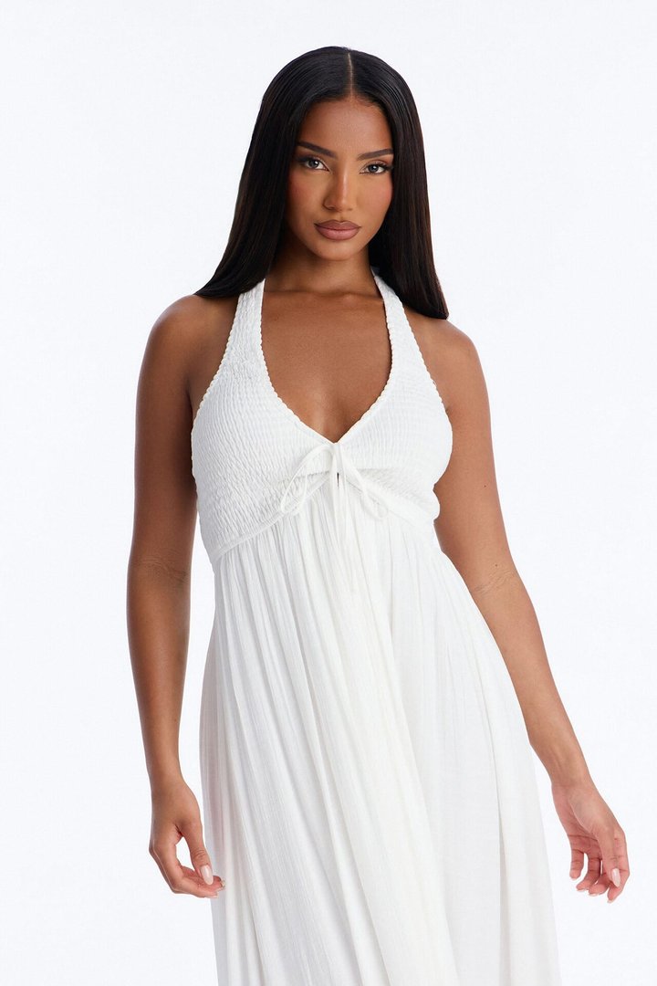 Freya Smocked Linen Maxi Dress - White