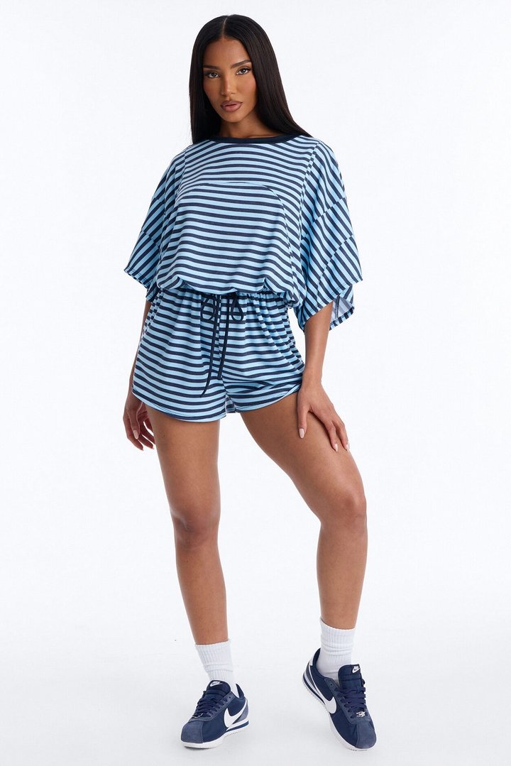 Read Between The Lines French Terry Romper - Blue