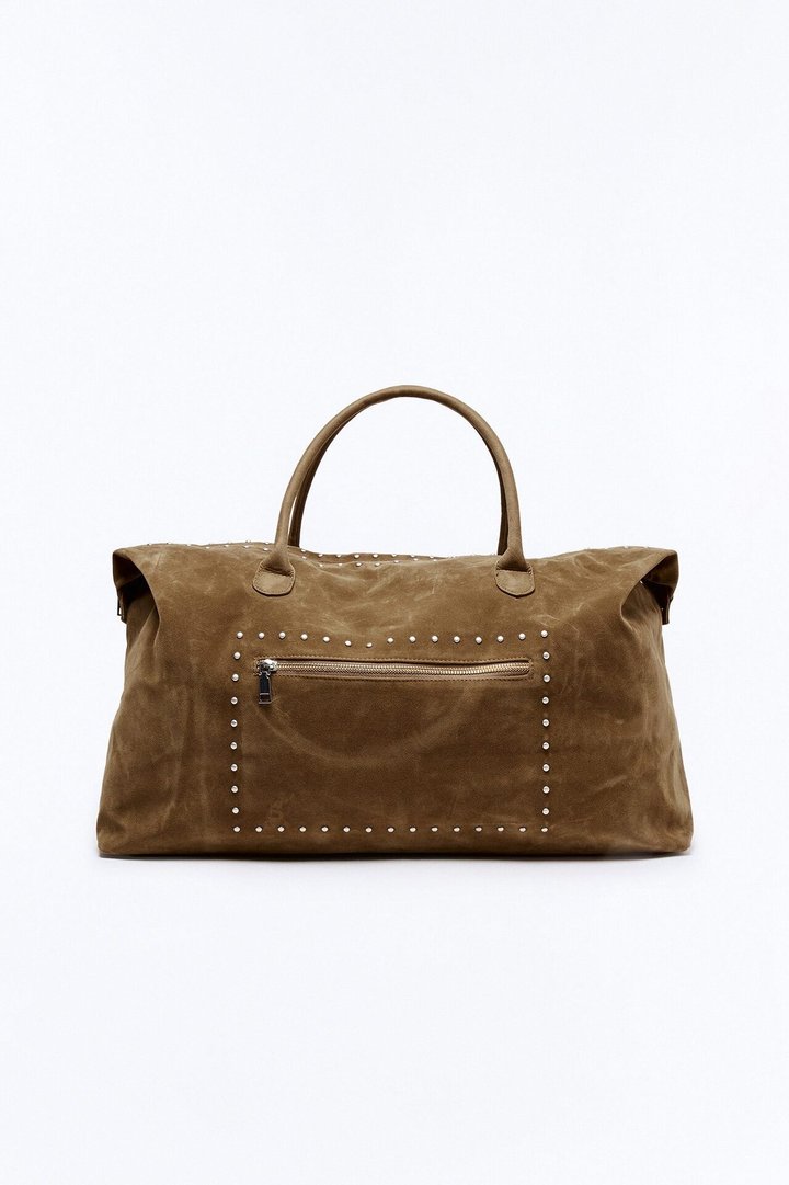 Faux Suede Studded Weekender Bag - Dark Brown