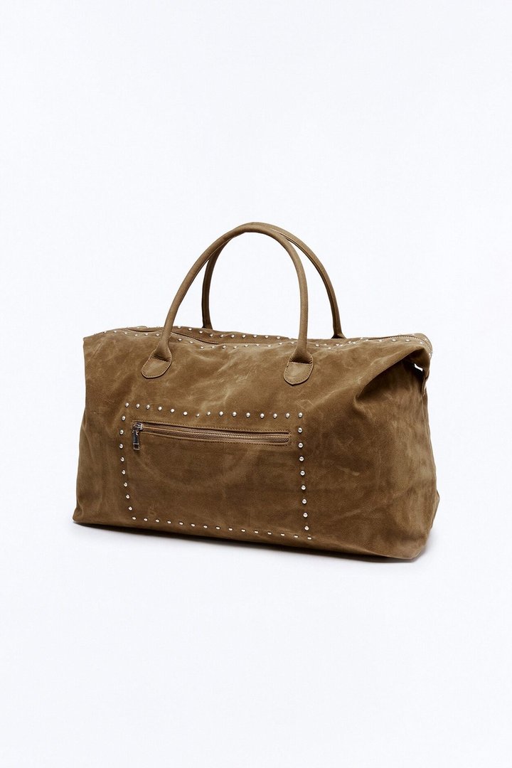 Faux Suede Studded Weekender Bag - Dark Brown