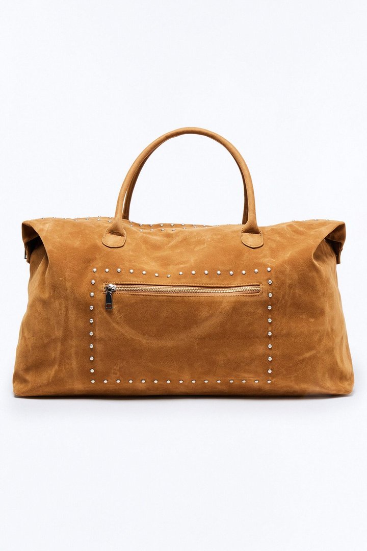 Faux Suede Studded Weekender Bag - Camel