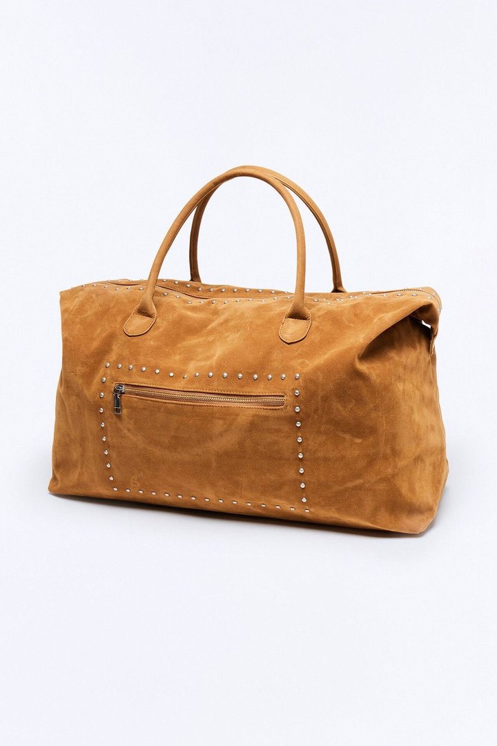 Faux Suede Studded Weekender Bag - Camel