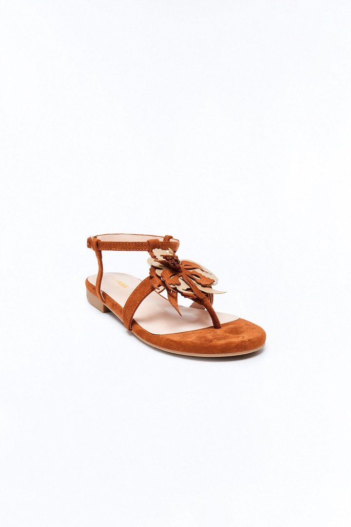 Taya Flower Ankle Strap Sandals - Tan