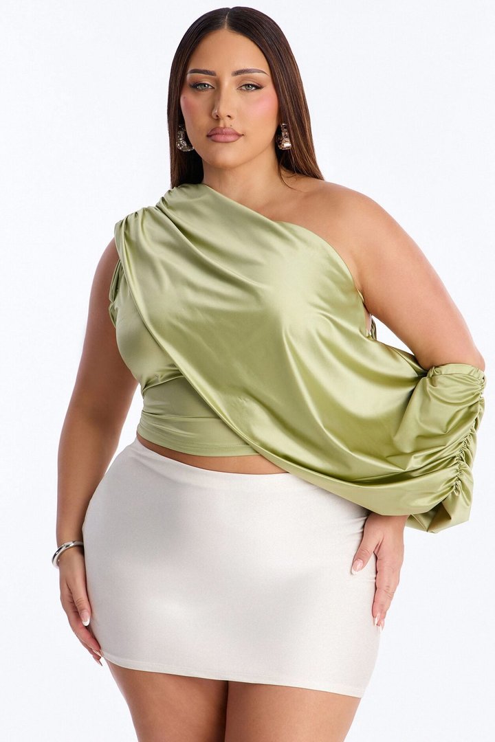 Eternal Muse Satin Draped Off Shoulder Top - Olive