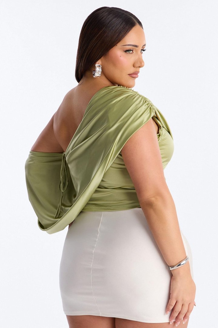 Eternal Muse Satin Draped Off Shoulder Top - Olive