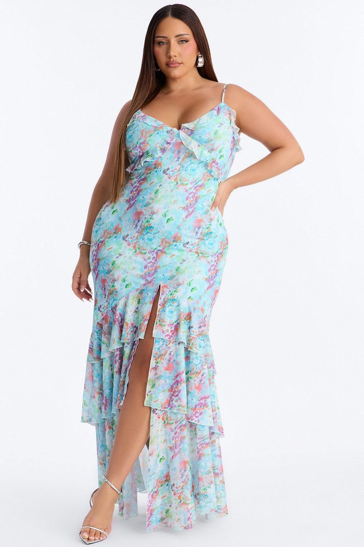 Dylan Ruffle Floral Mesh Maxi Dress - Blue/combo